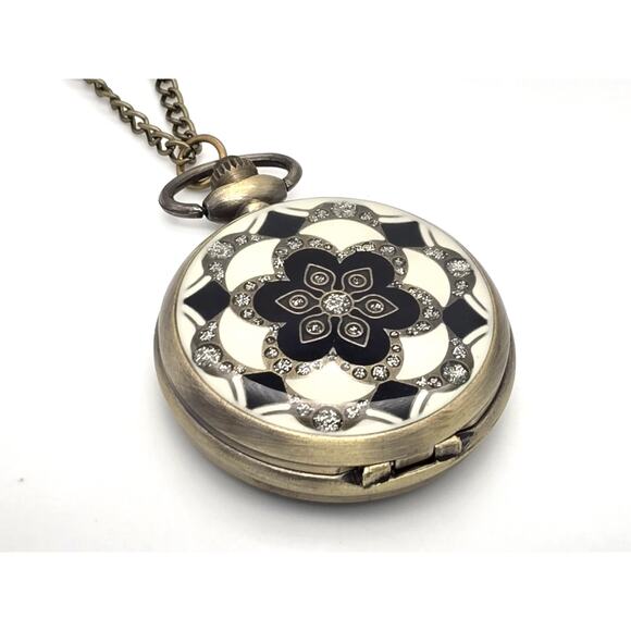 Black & White Floral Pendant & Pocket Watch - Crystal Rhinestones, Vintage Look - Picture 3 of 10